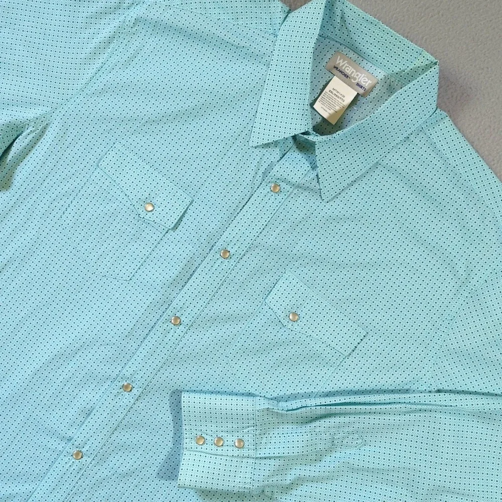Wrangler Wrancher Pearl Snap Shirt Mens XXL Light Blue Geometric Western